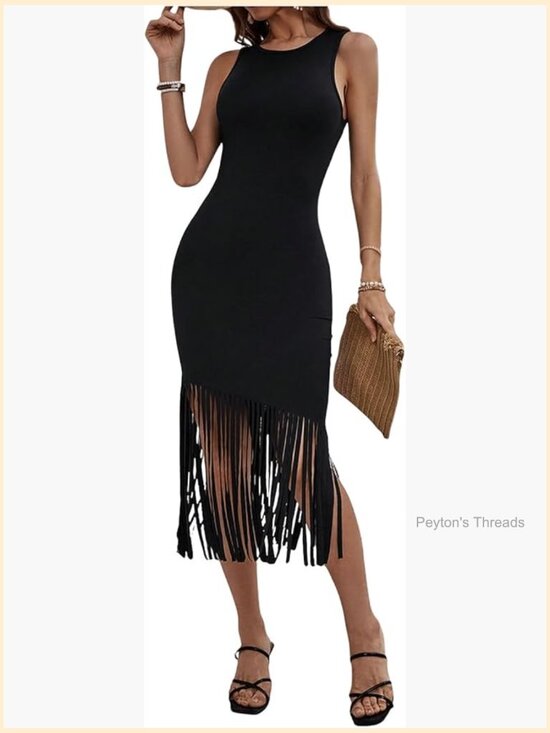 Dresses & Skirts - Fringe Bodycon Midi Dress Sleeveless Crew Neck Slim Fit Sundress